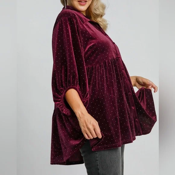 NWT Umgee PLUS + REG Size Red Polka Dot Button Down Babydoll Style Shirt Top - Picture 3 of 6